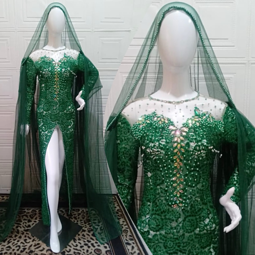 Kebaya Pengantin / Kebaya Belah Hijau Botol Full Payet
