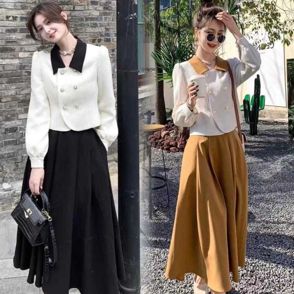 Outfit wanita Elegan-Atasan Blazer Putih Double Buton & Rok Hitam Panjang