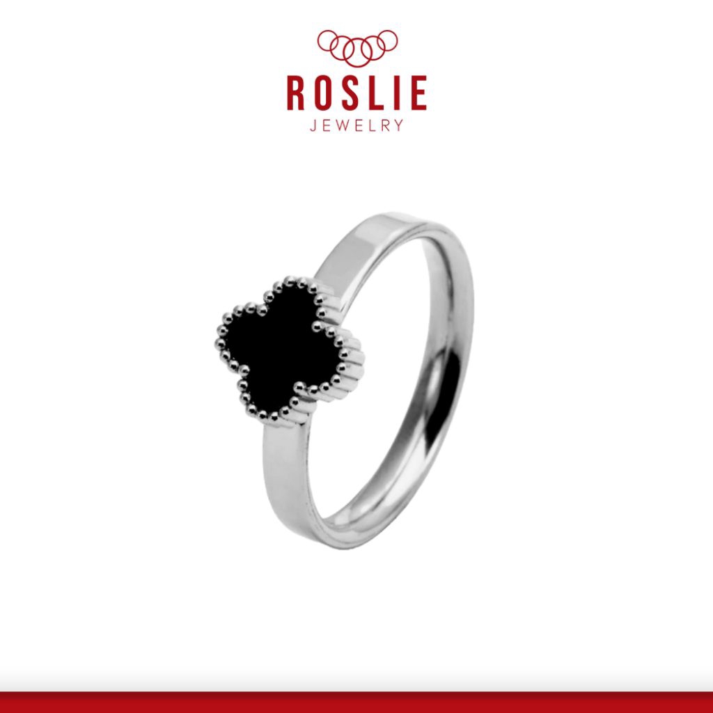 Cincin Silver Motif Clover Mata Hitam Gerigi Titanium Anti Karat - Roslie Jewelry