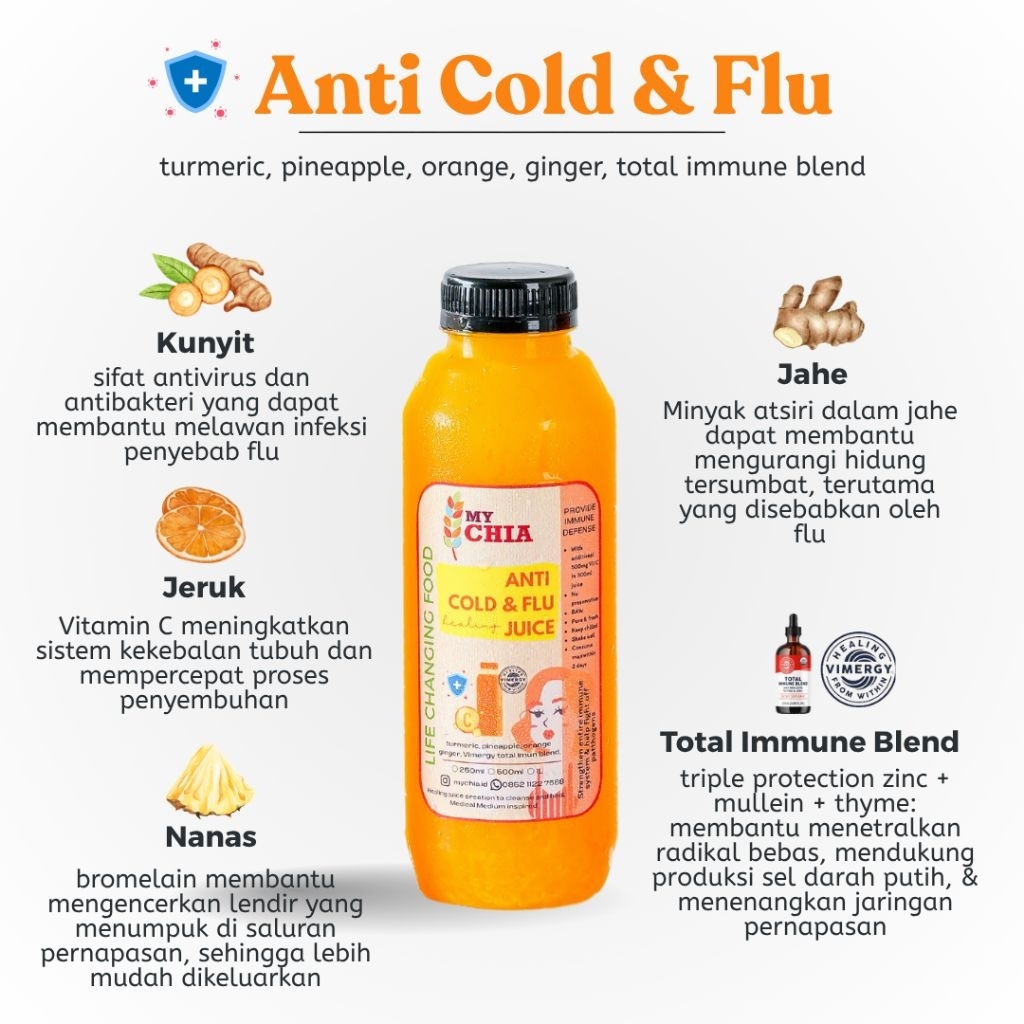 

Anti Cold & Flu Healing Juice 250ml Jus Immunity Series dengan untuk Pilek Batuk dengan Vimergy Micro C Cold Pressed My Chia