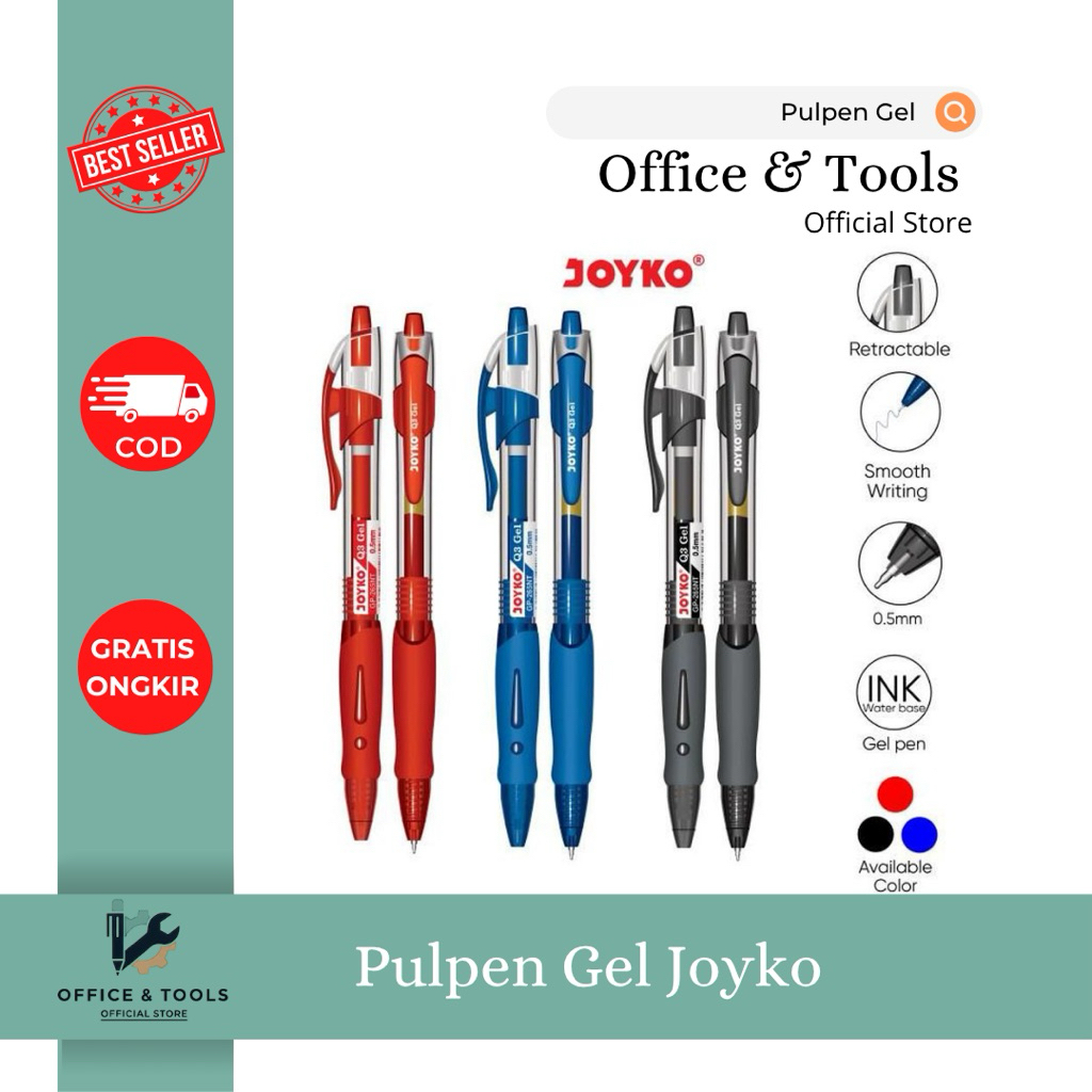 

Pulpen Gel Joyko GP-265 Q-Gel 0.5mm Retractable Smooth Writing Pena Tinta Gel Hitam Biru Merah Office & Tools