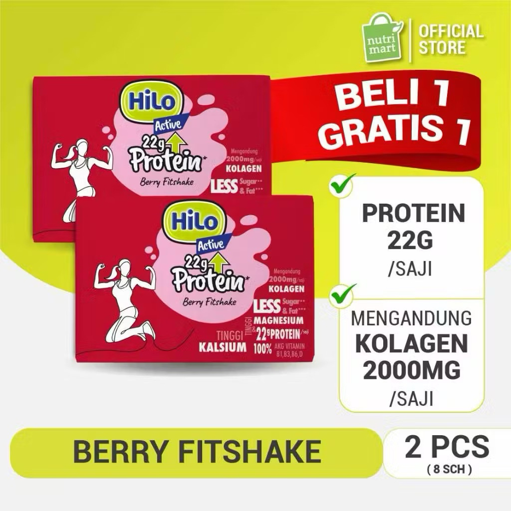 

Twin Pack - HiLo Active 22g Protein Berry Fitshake 8 Sch Dengan Alga Merah – Susu Tinggi Whey Protein Kolagen Kalsium