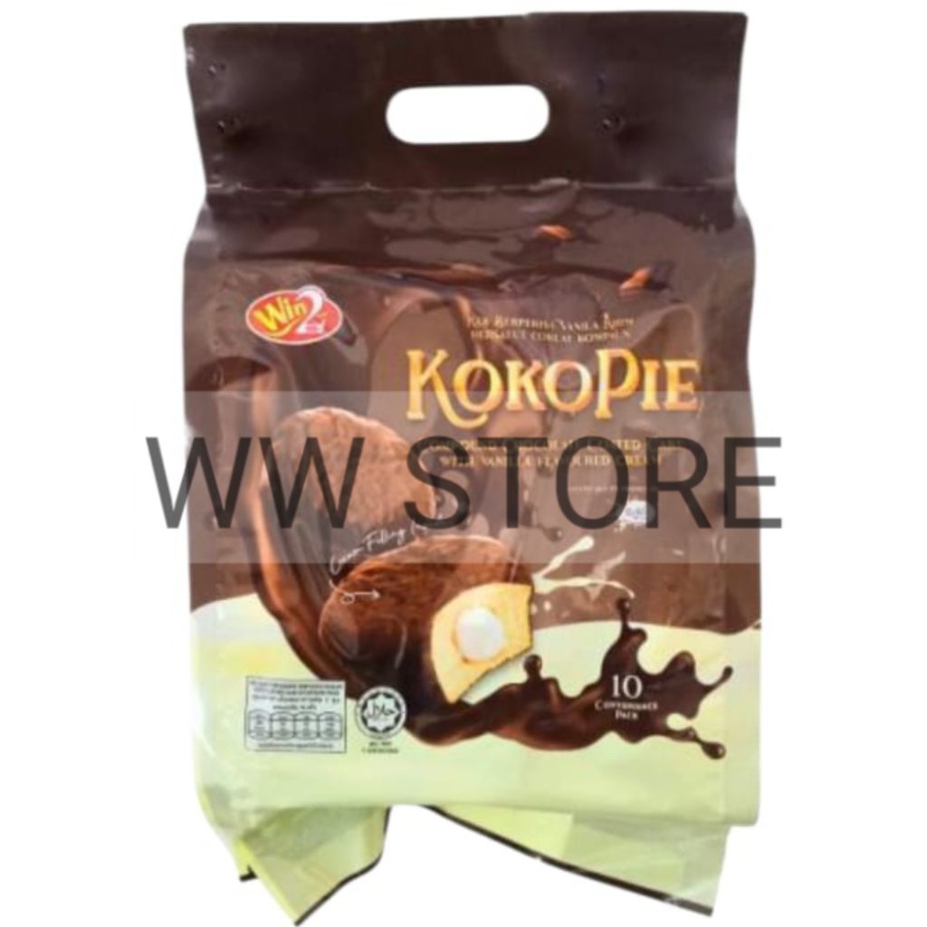 

Cemilan snek makanan ringan kue keik bolu dengan krim vanila salut coklat cokelat halal MUI Win2 Win Win 2 KOKOPIE KOKO PIE Compound Chocolate Coated Cake with Vanilla Flavoured Cream 200g ( 10pcs x 20g )