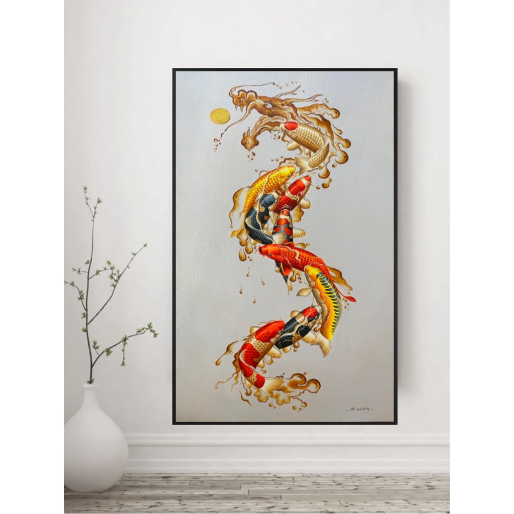 LUKISAN IKAN KOI NAGA HIASAN DINDING RUANG TAMU AESTHETIC