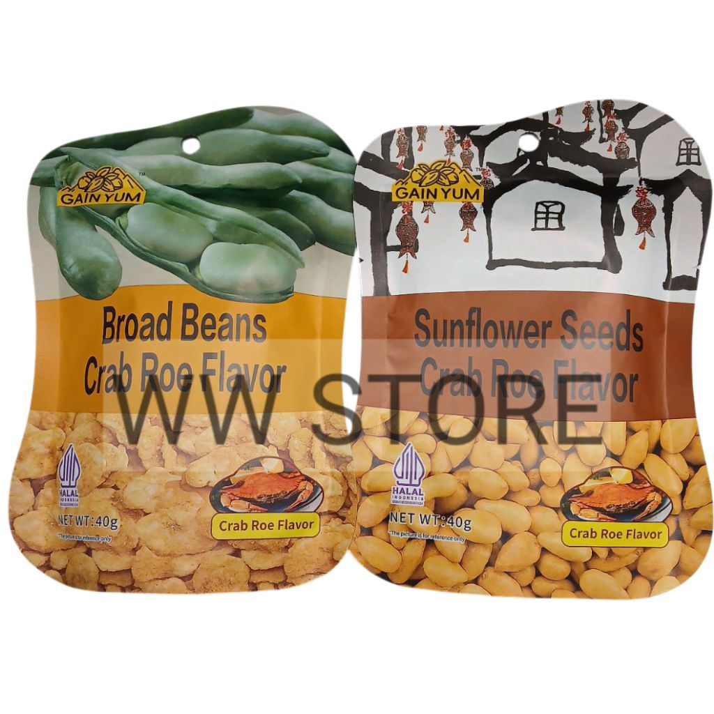 

Cemilan snek makanan ringan kacang koro / biji kuaci rasa telur kepiting halal MUI GAIN YUM GanYuan Gan Yuan Foods Kam Yuens Crab Roe Flavor flavour Broad Beans / Sunflower Seeds 40g