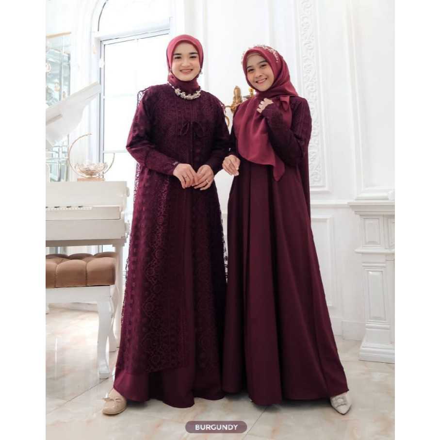 Gamis Brukat Modern Muslimah Warna Burgundy Dress Pesta Elegan Syari Full Furing