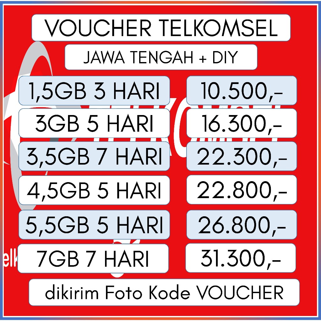 Voucher Telkomsel 1,5GB 3GB 3,5GB 4,5GB 5,5GB Jateng DIY