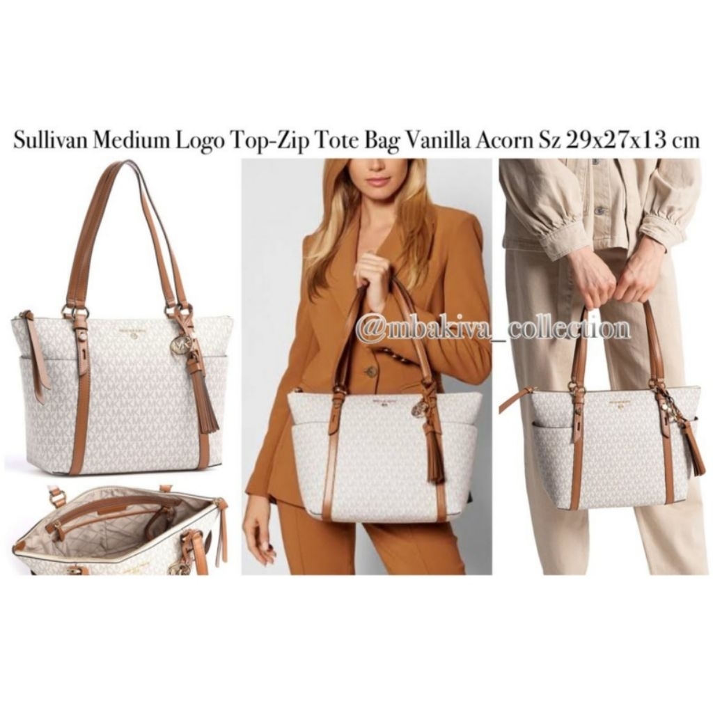 MK Sullivan Medium Logo Top-Zip Tote Bag Vanilla Acorn