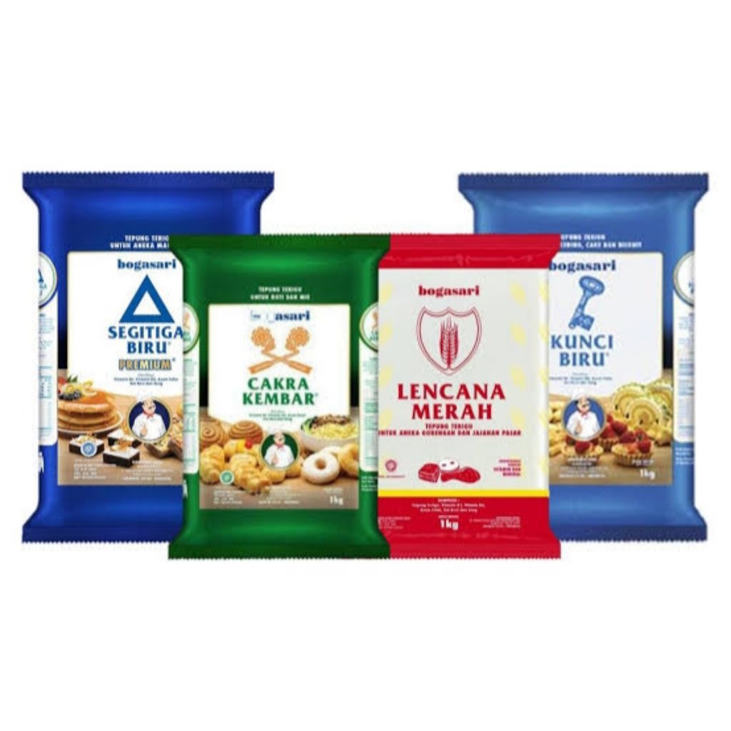 

Tepung Bogasari Kunci Biru,Lencana Merah,Segitiga Biru,Cakra Kembar 1kg & 500g