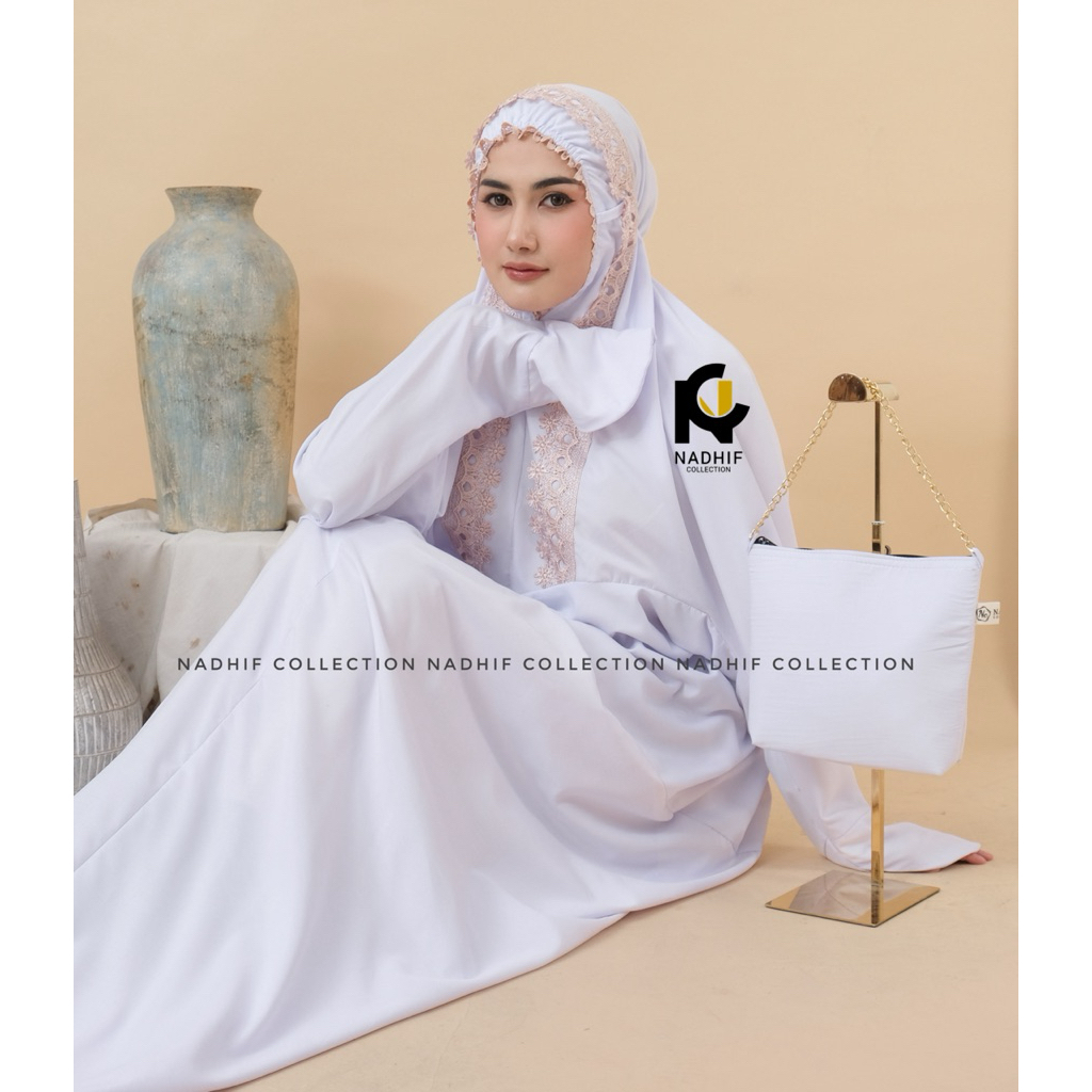 NADHIF - Mukena Terusan SALEHA Katun Putih Polos Renda Giper Premium