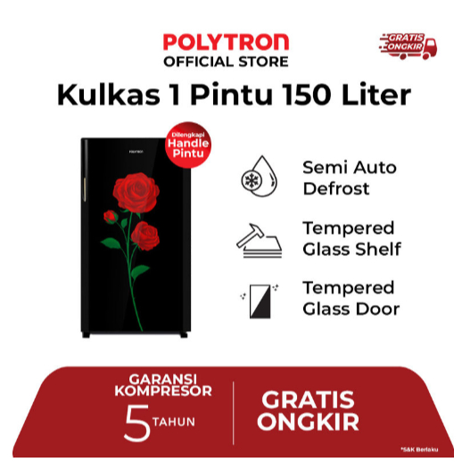 KULKAS 1 PINTU POLYTRON PRA-15DRX 15 DRX 15DRX 142 LITER SEMI DEFROST WITH HANDLE