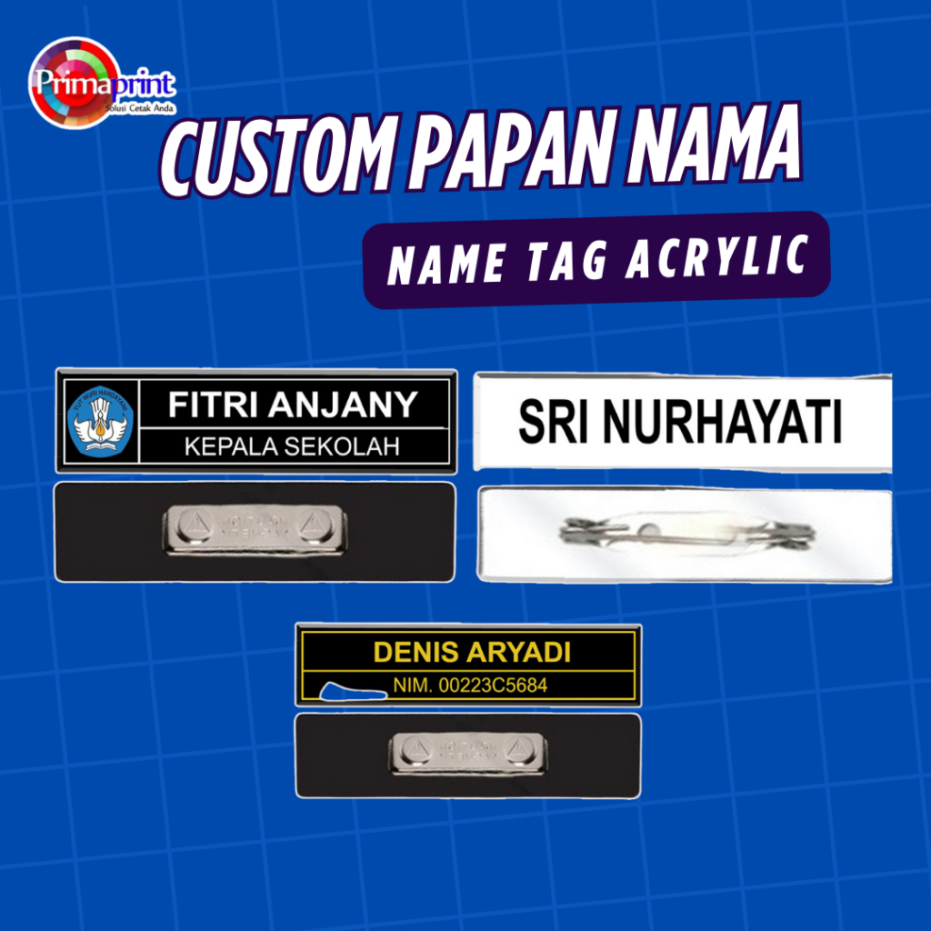 

Name Tag Dada Custom Akrilik Magnet Peniti UV Printing | Print Cetak Papan Nama Desain