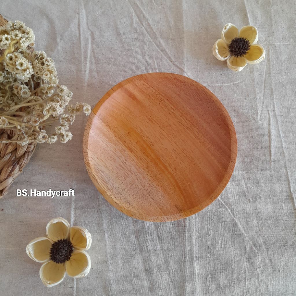Piring kayu mahoni/piring saji/piring bulat/lepek kayu/piring kayu 13cm/wadah sambal kayu/lepek kayu