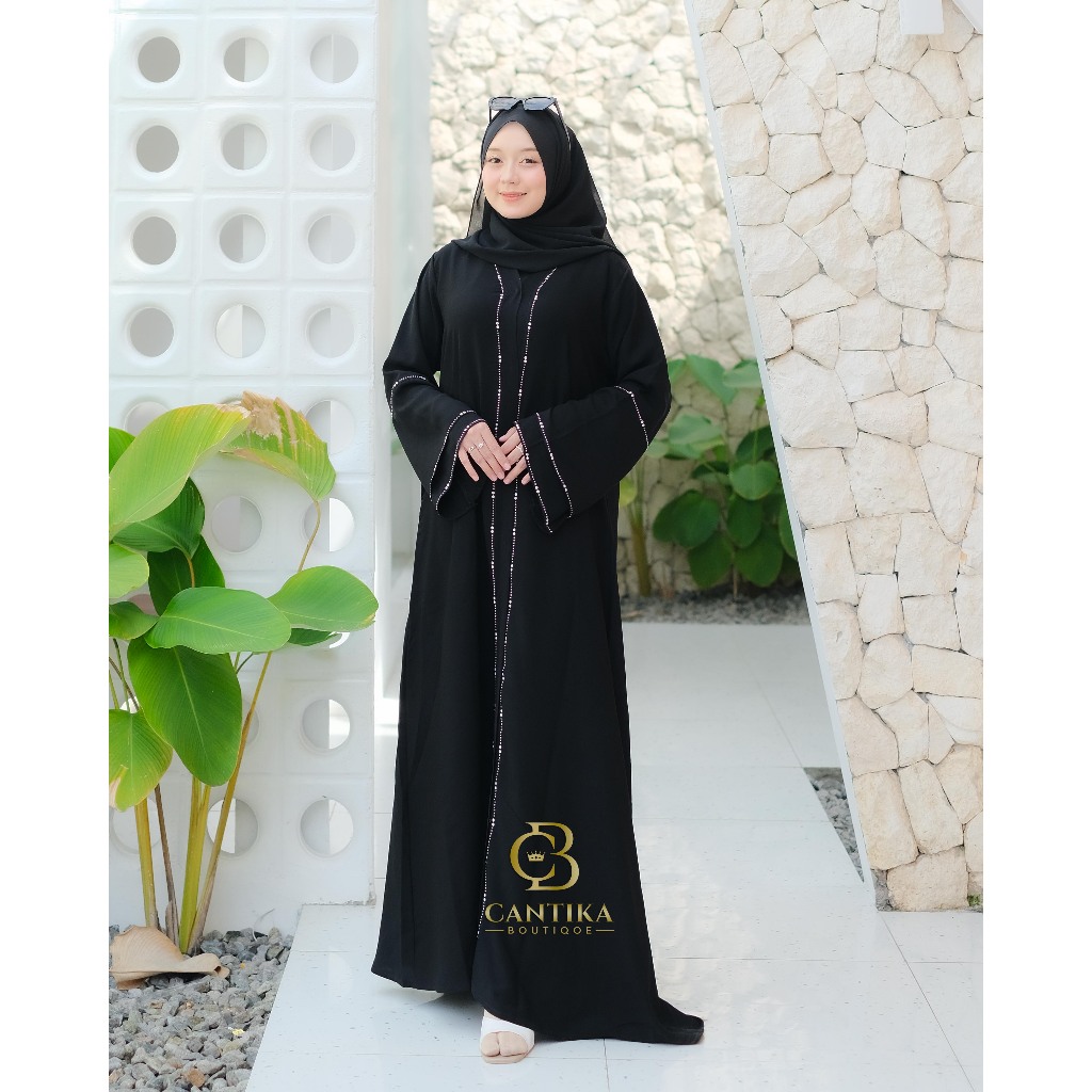Gamis ABAYA HALIMAH JET BLACK Premium Outher Abaya Terbaru Mewah Dan Elegan Cantika Muslim