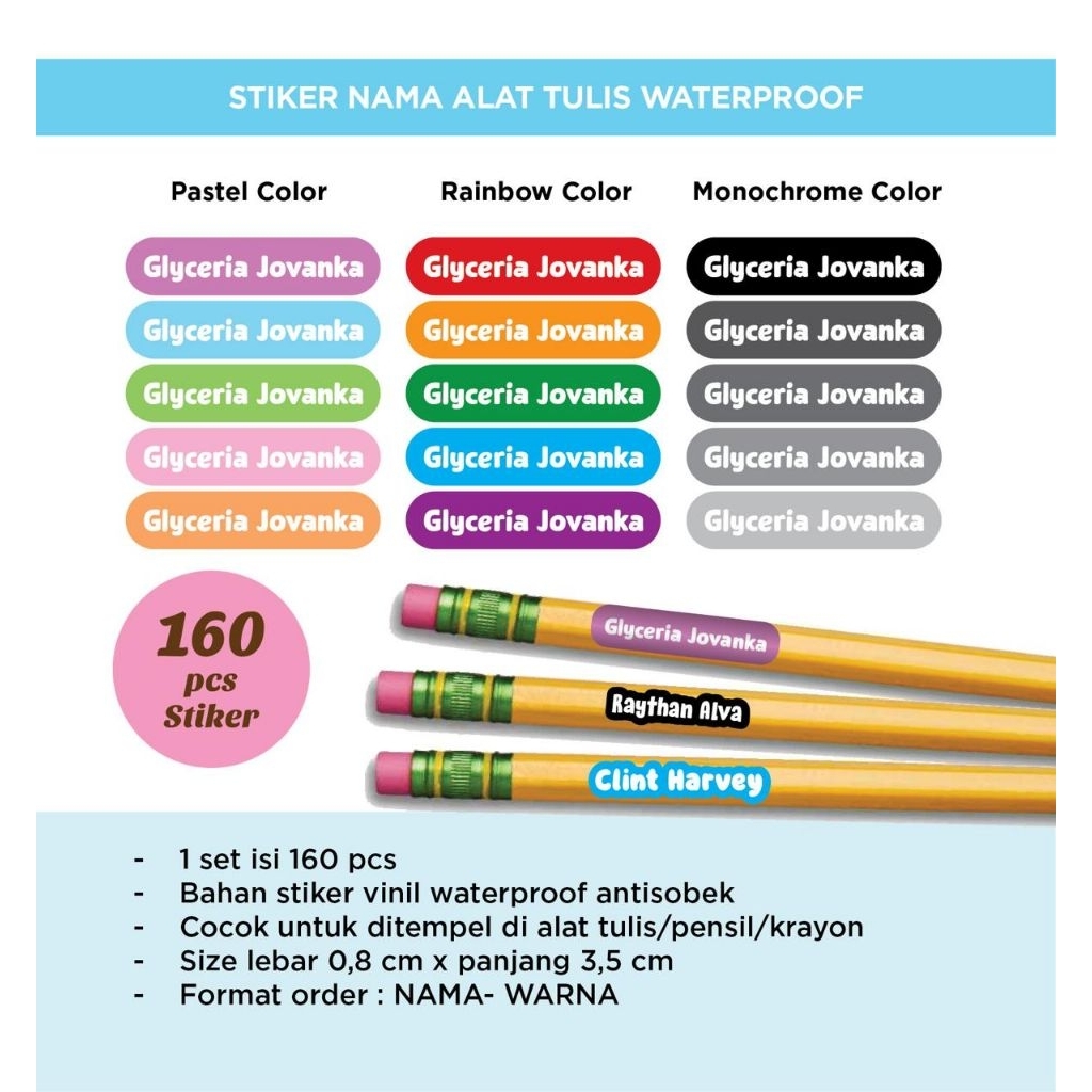 

Stiker nama anak custom cocok untuk stiker alat tulis pensil pena atau barang anak