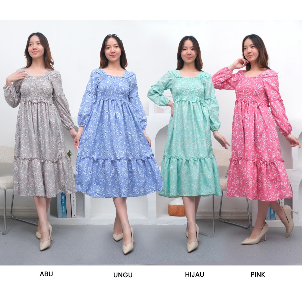 DIORA MIDI DRESS - DRESS SMOCKED  WANITA MOTIF BUNGA