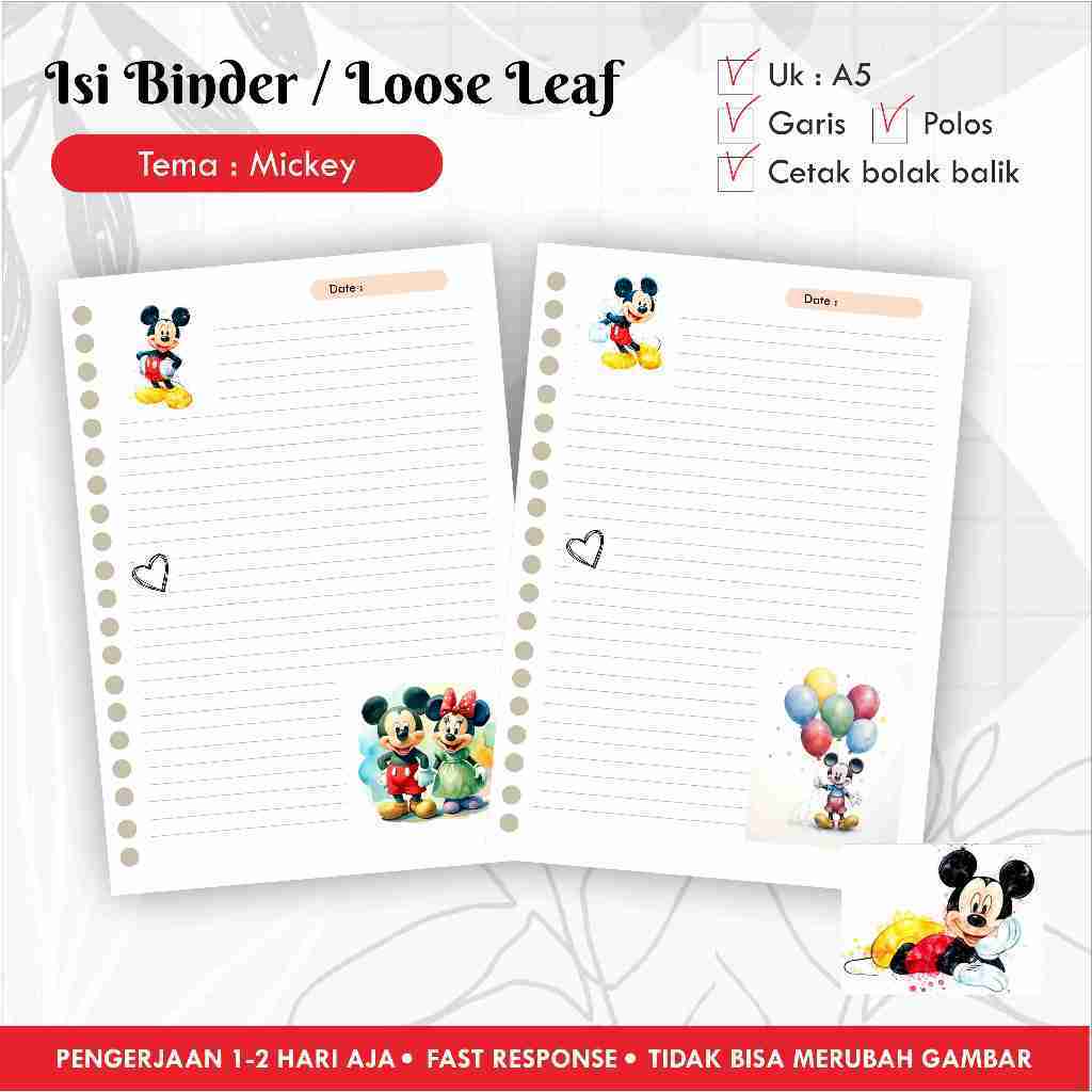 

[10 pcs] Isi Binder / Loose leaf gambar A5 Tema MICKEY / Refill Map Binder / Garis Polos