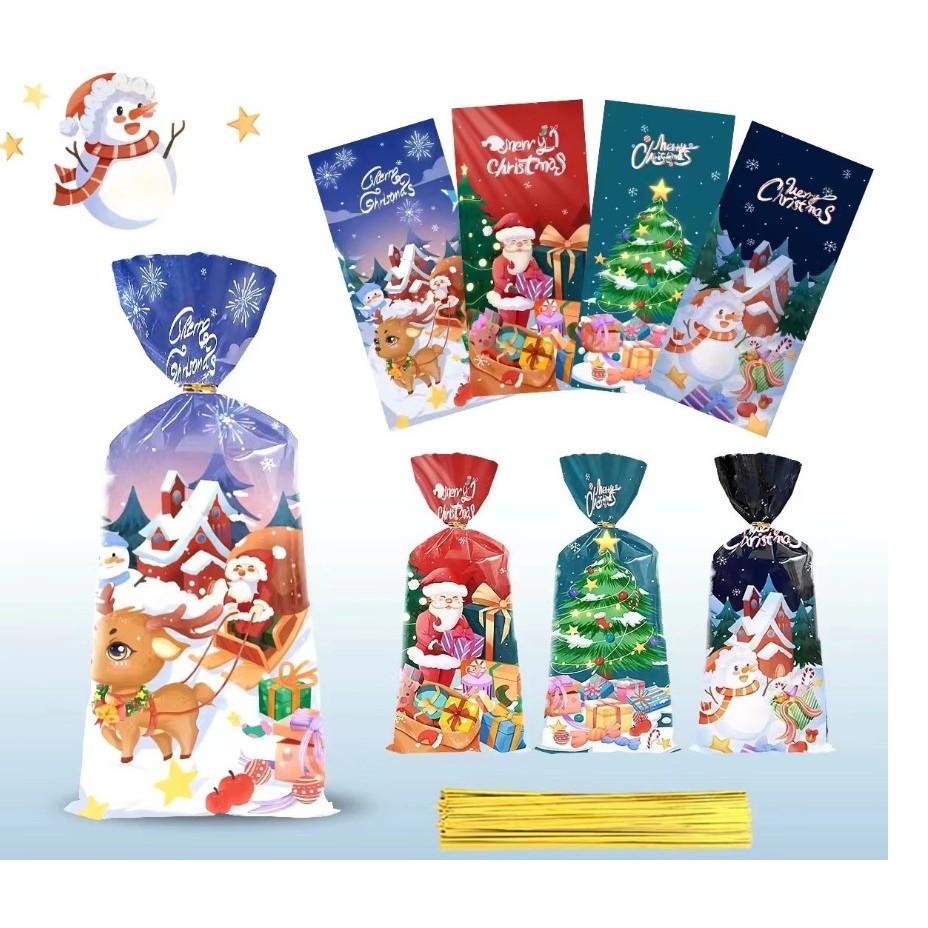 

50Pcs Plastik (termasuk kawat) Mini Snack Cookies Edisi Natal / Plastik Gift Snack Motif Natal