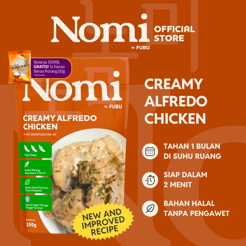 

NOMI by FUBU Creamy Chicken Alfredo - Ayam Saus Krim khas Italia Topping Pasta - Makanan Instant
