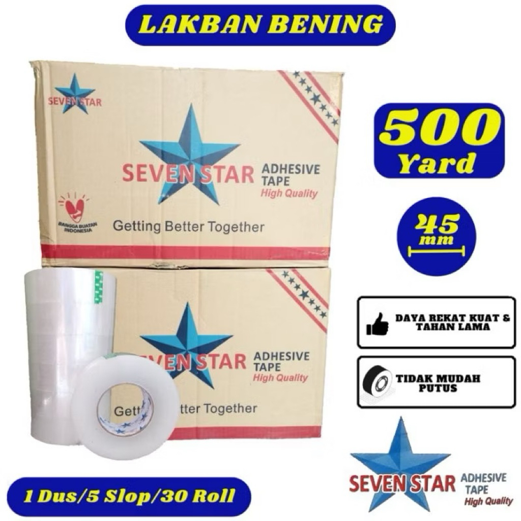 

Lakban Bening 45 x 500y / Lakban 45mm x 500y / Lakban 45x500y 1 dus / lakban 45 x 500y 1 dus isi 36 roll / Lakban seven star 45 x 500y (1 Dus)