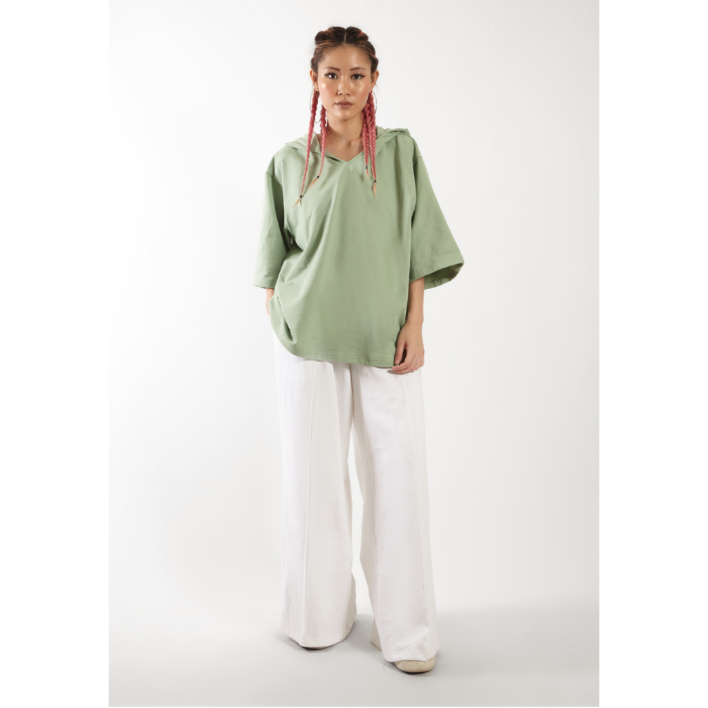 VEDECI X OCWA OVERSIZED BLAZE SHORT SLEEVE HOODIE SAGE GREEN WOMAN