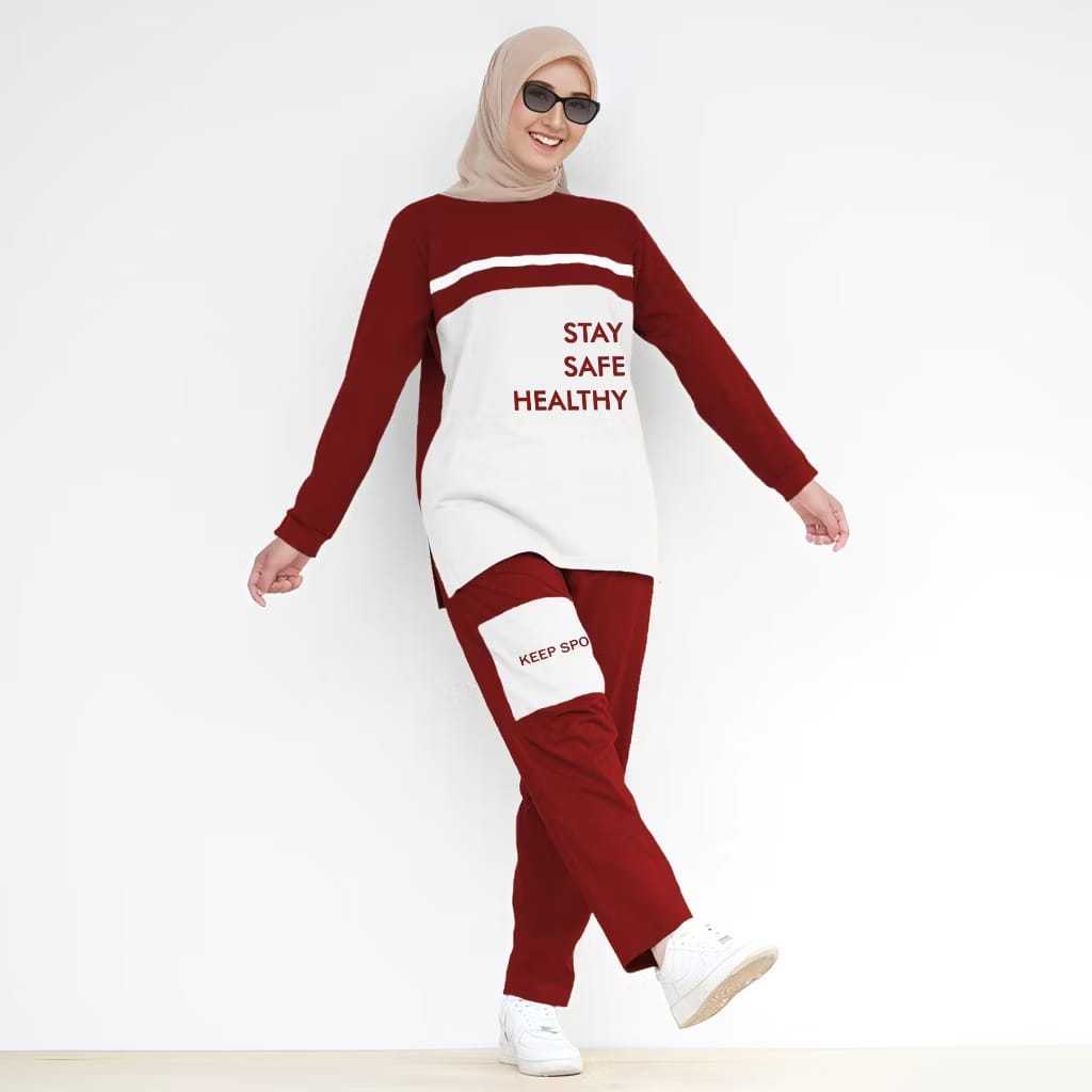 Setelan Kaos Celana Olahraga Senam Zumba Wanita Muslim Sablon