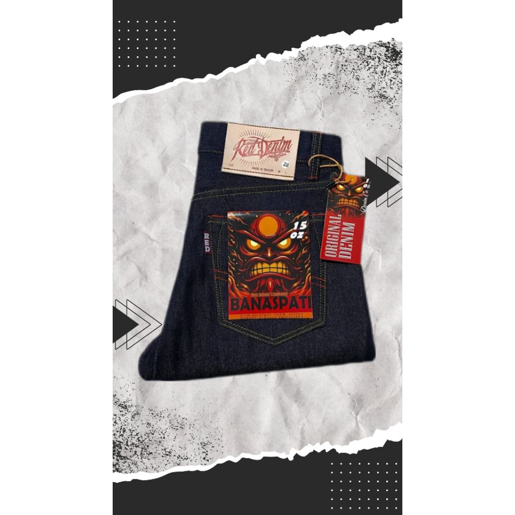RED DENIM BANASPATI / RAW DENIM SELVEDGE ACCENT 15OZ TEBAL KAKU  / CELANA  DENIM ORIGINAL