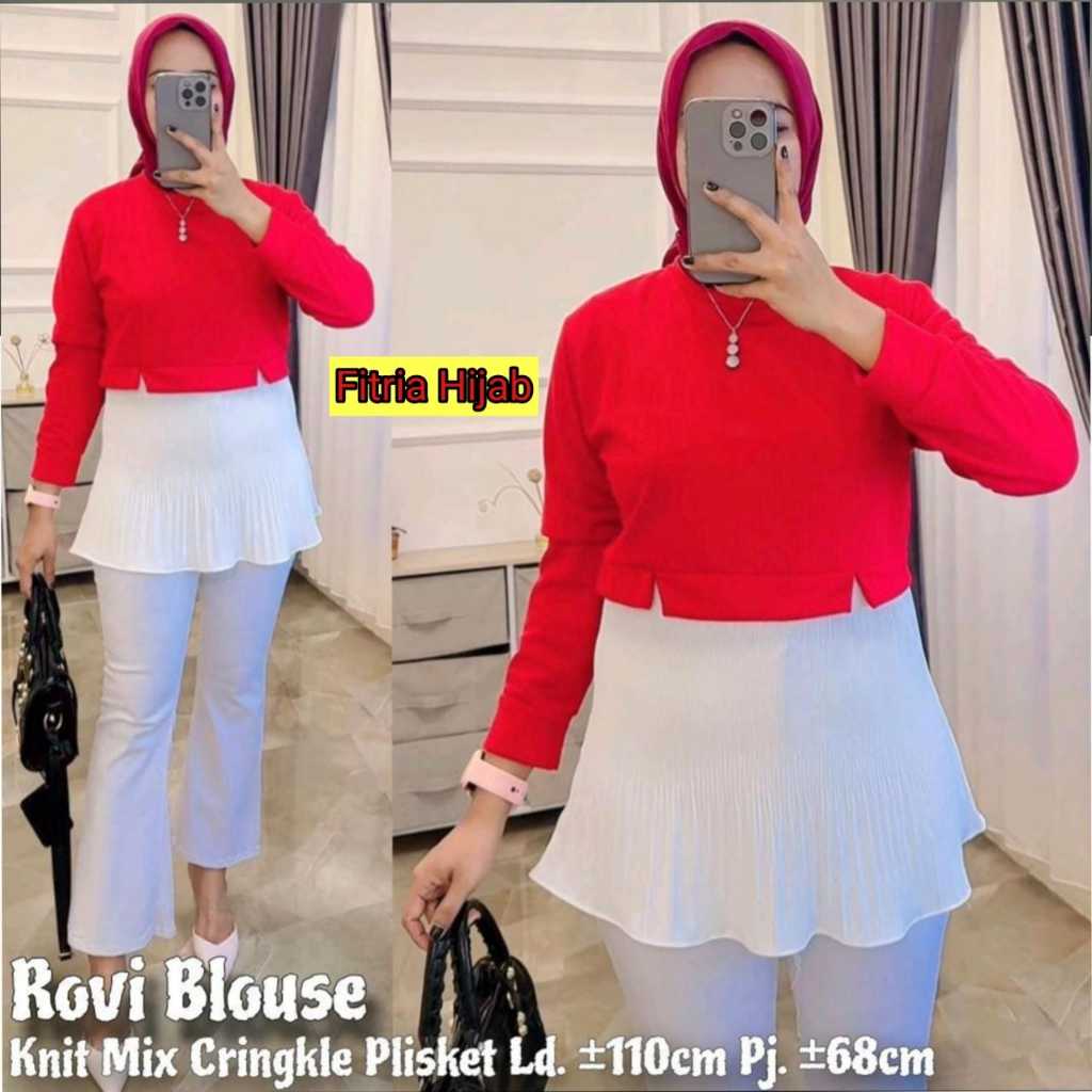 Rovi blouse baju atasan kemeja wanita jumbo ld 110 knit mix crincel polos merah putih kemerdekaan