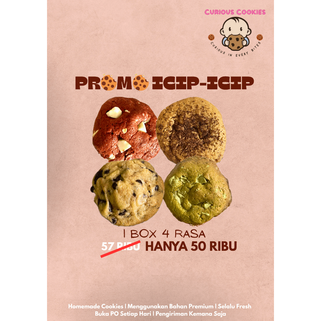 

Promo Icip-Icip 4 Cookies | 1 Box Isi 4 Varian | Original, Red Velvet, Green Tea & Tiramisu