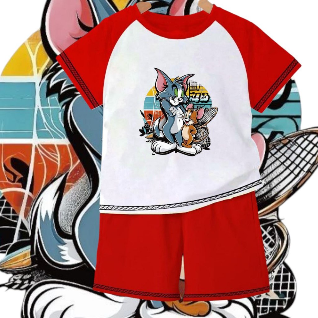 SETELAN BAJU ANAK KAOS MOTIF RAKET JERRY TOM 2 TERBARU SABLON HIGH QUALITY SALE