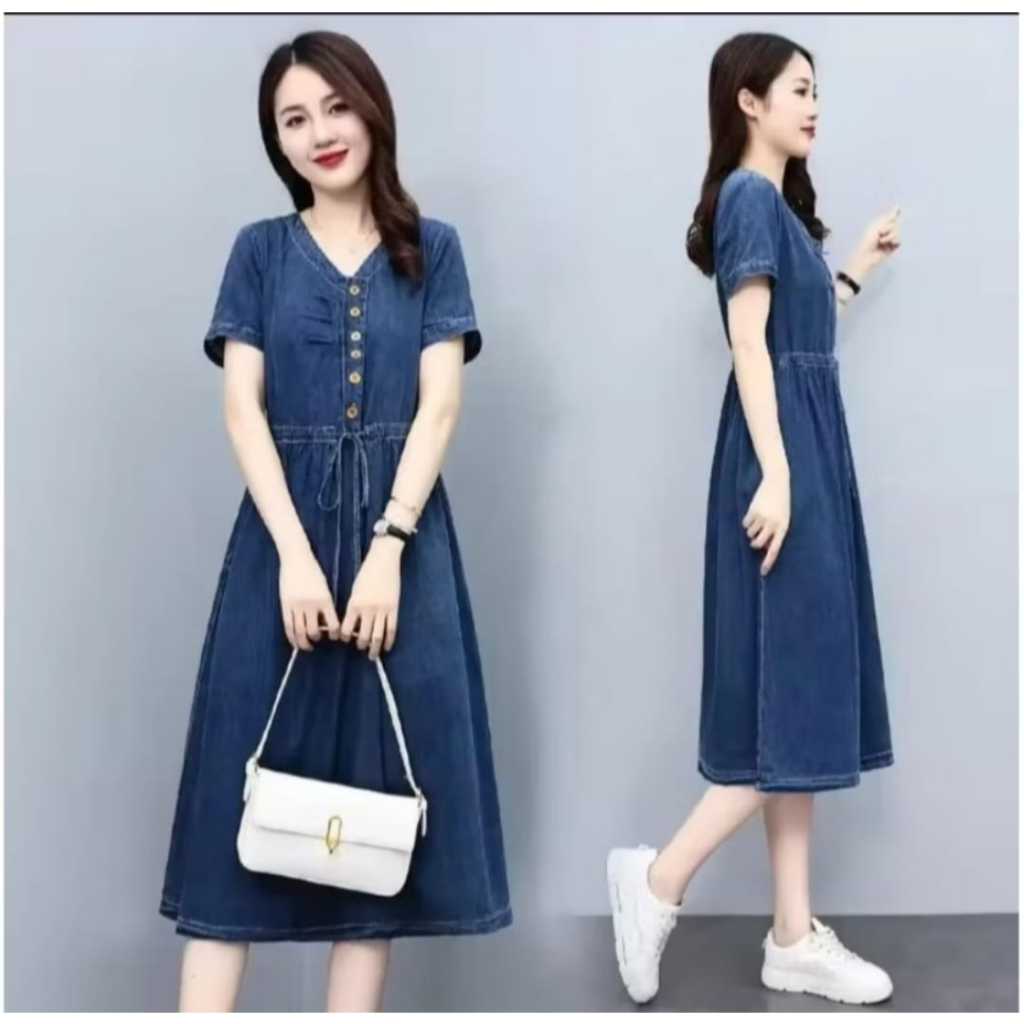 Dress Jeans Polos Wanita Lengan Pendek