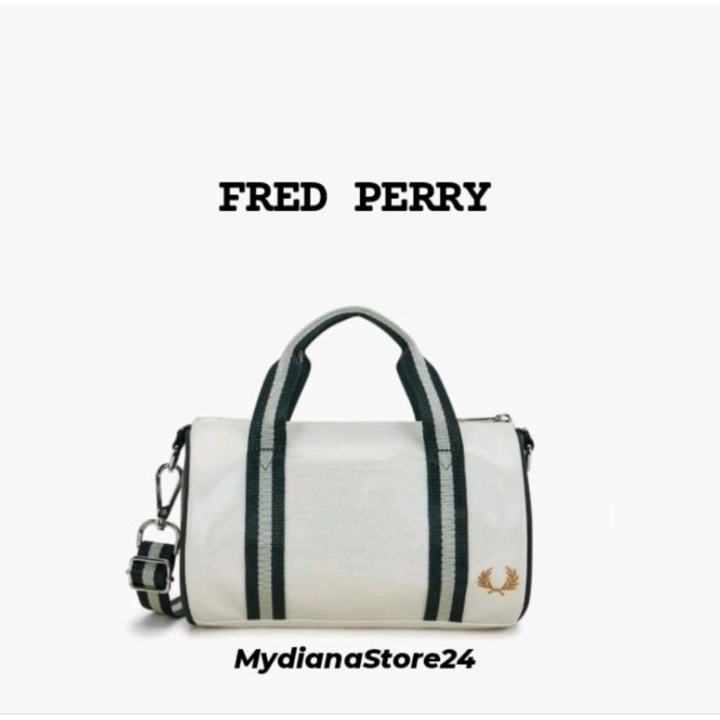 FRED PERRY - FRED PERRY CLASSIC MINI BARREL BAG - ECRU/NIGHT GREEN