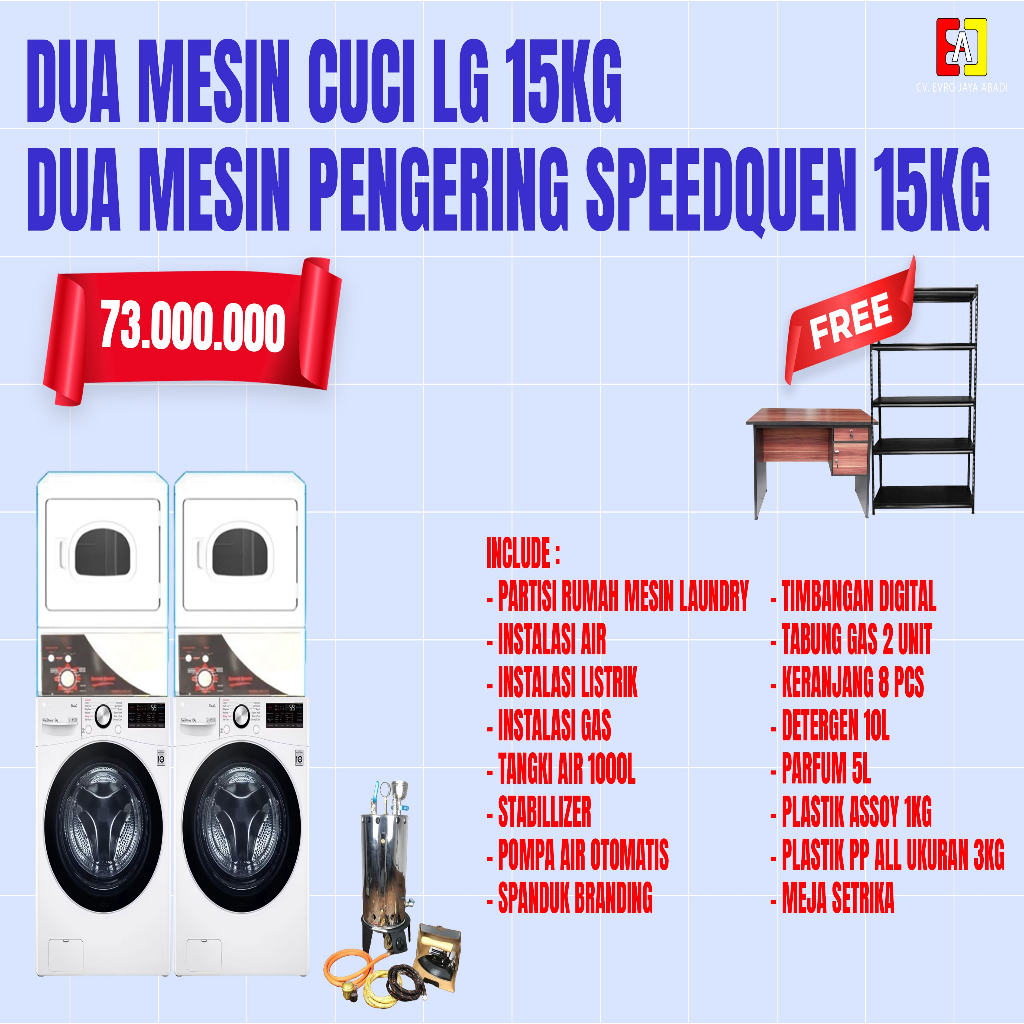 Paket Usaha Laundry 2 Unit Mesin Cuci LG 15 KG & 2 Unit Dryer SpeedQueen 15 KG dan Boiler 10 Liter