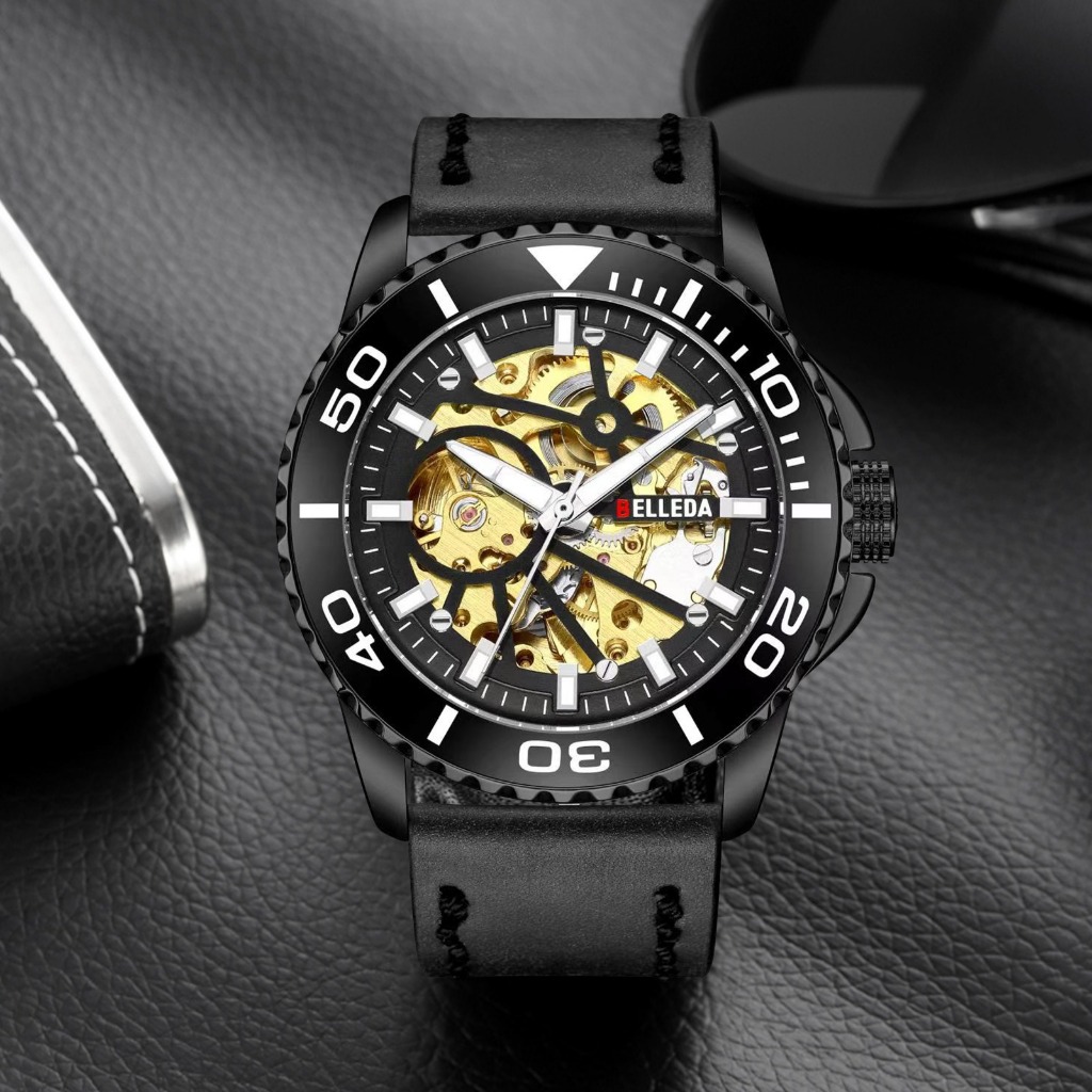 Belleda Jam Tangan Pria SN 9485 Leather Strap Automatic Water Resistence Fashion Original