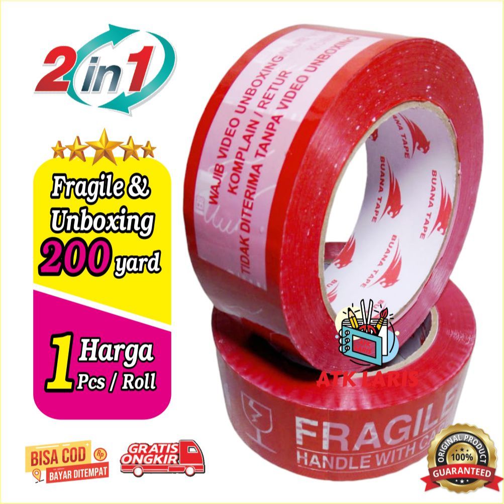 

LAKBAN FRAGILE & VIDEO UNBOXING PANJANG 200 YARD HARGA 1 PCS LAKBAN FRAGILE & LAKBAN VIDEO UNBOXING