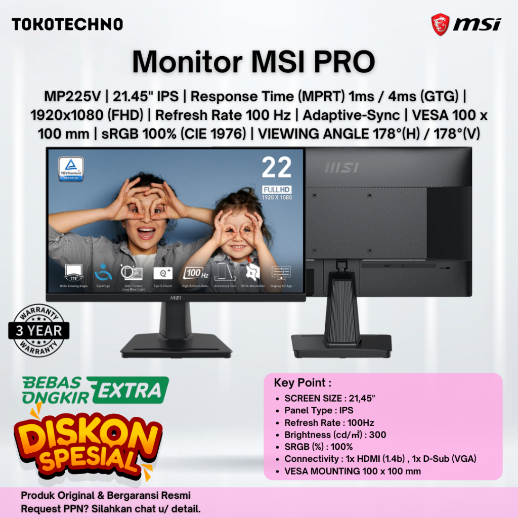 Monitor MSI PRO MP225V - Full HD 22" Inch - Monitor MSI 22"