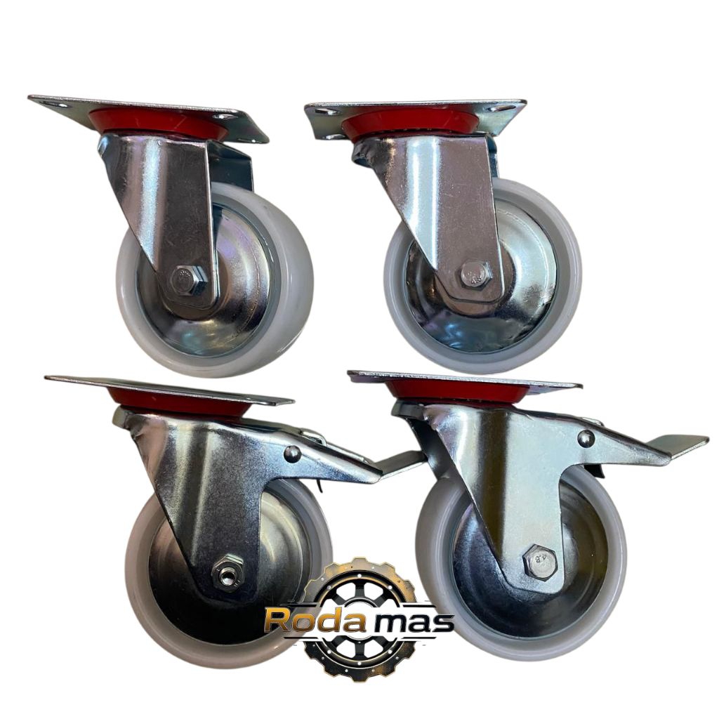roda troli 6 inch nilon putih 1 set ( 2 roda hidup 2 roda rem ) roda etalase / roda lori 6 in