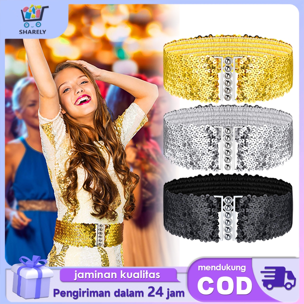 Ikat Pinggang Elastis Wanita Gemerlap Belt Sabuk Pinggang Payet Metalik Fashion Payet Belt