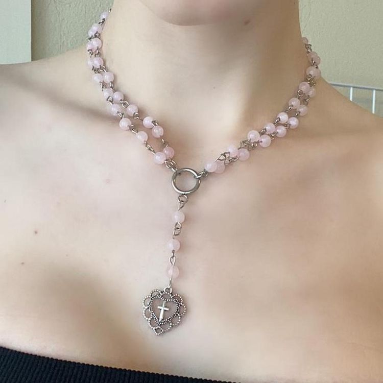 pink pearl Heart Bow Cross Pendant Necklace