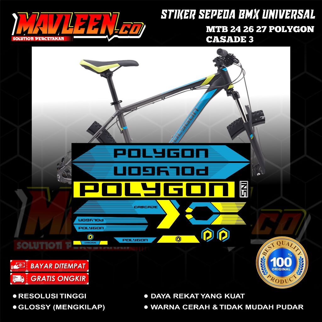 (COD) TERBAIK stiker striping sepeda polygon MTB cascade 3 decal glossy lentur anti air