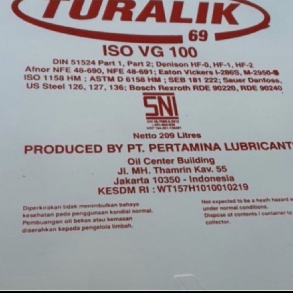 Oli turalik 69 iso vg 100 pelumas isi 209liter