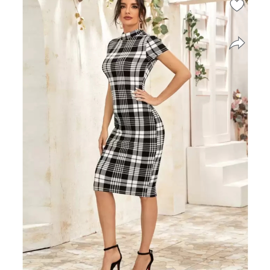 BASIC DRESS KNIT RAJUT PLAIN PREMIUM MIDI KOTAK-KOTAK CASUAL DRESS - GAUN KOTAK-KOTAK LENGAN PENDEK 