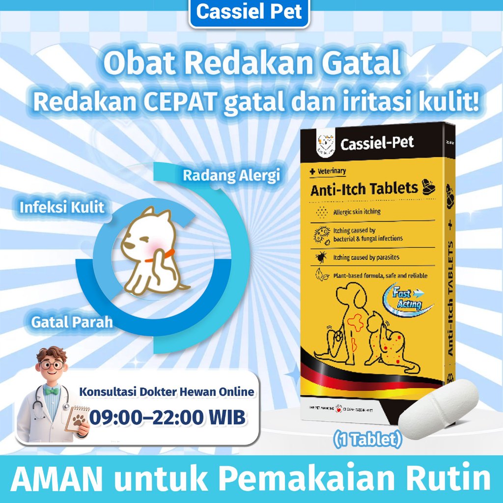 Cassiel Pet Tablet Obat Jamur Gatal Kucing Anjing - Atasi Alergi, Dermatitis, Rontok Bulu 1 Tablet