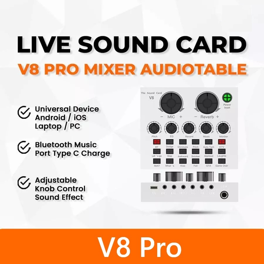 V8 Pro External Portable Soundcard Mixer Audio Live - Bluetooth - Type C