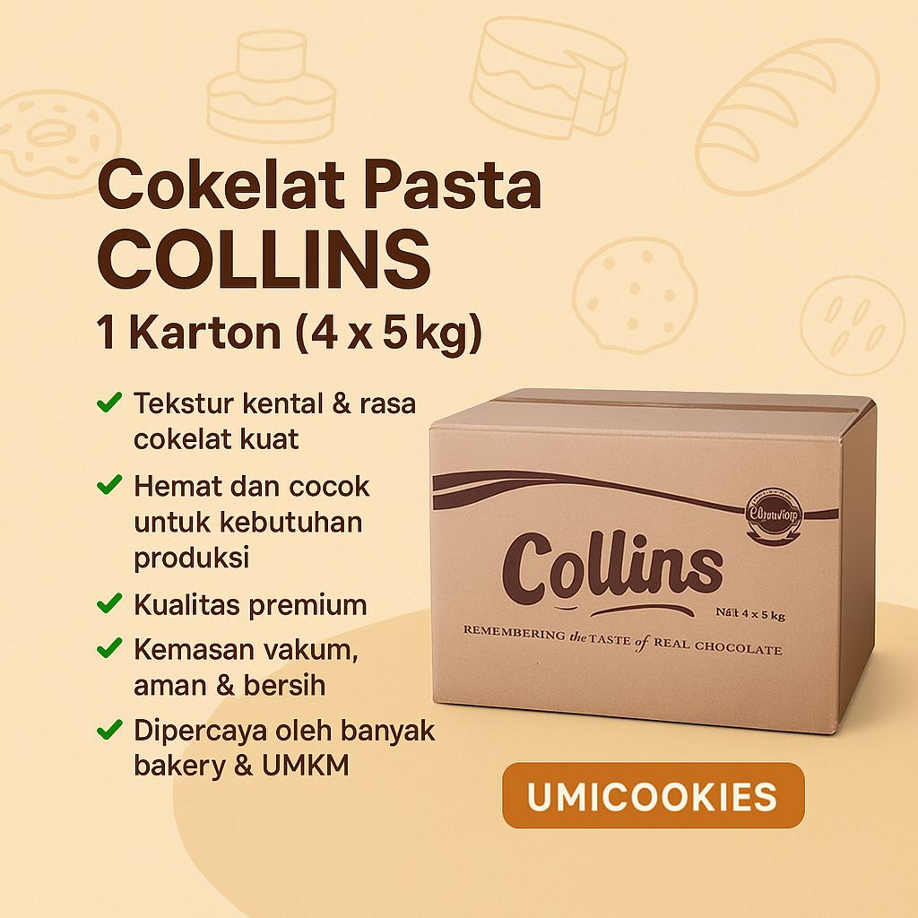 

Cokelat Pasta Collins 1 Karton (4 x 5kg) – Pasta Coklat Kental Premium untuk Donat, Bolu, Kue – Bahan Kue Grosir