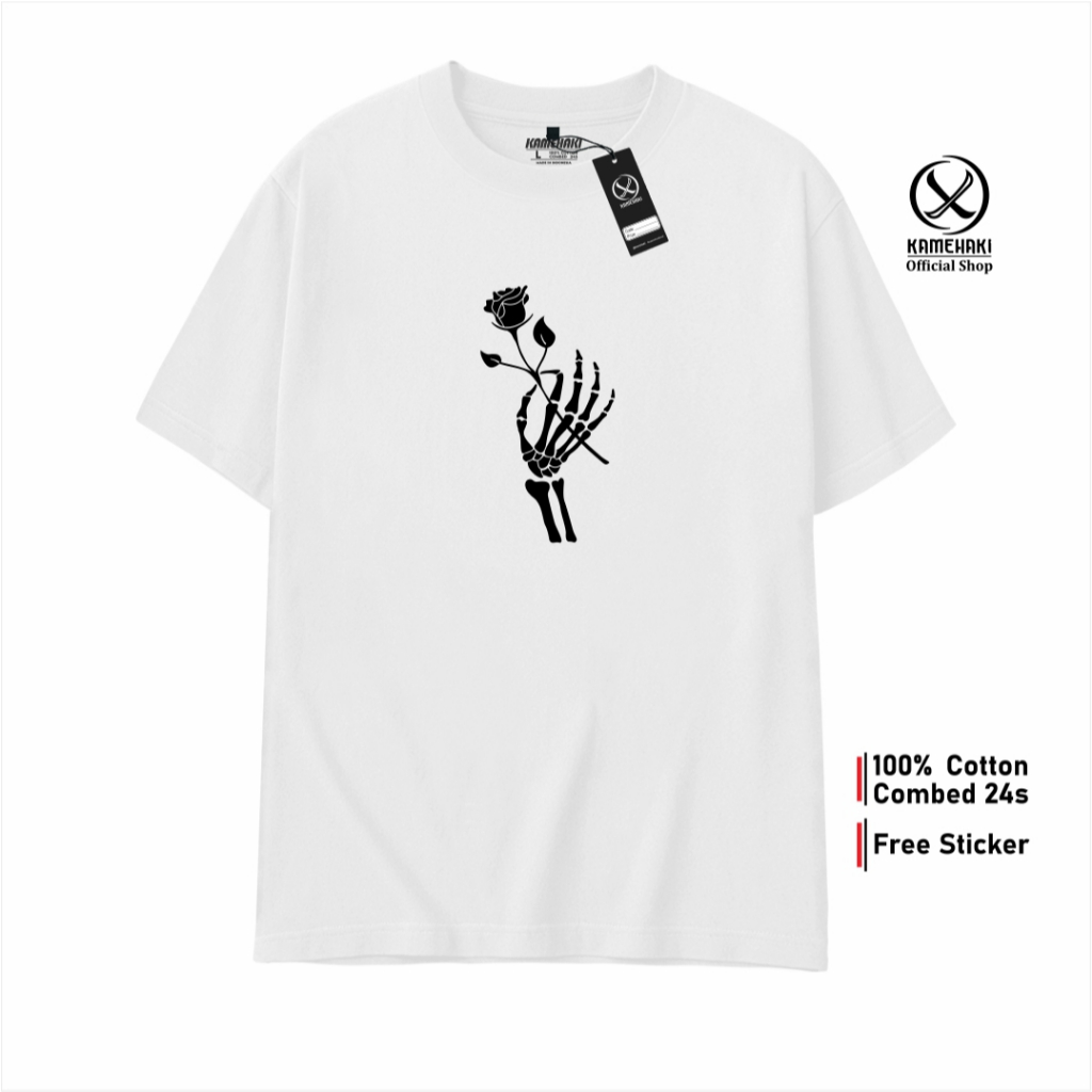 KAMEHAKI Kaos Distro Mawar SKULL GIVING ROSE / Baju Tengkorak / Kaos Murah Pria Wanita / Kaos Distro