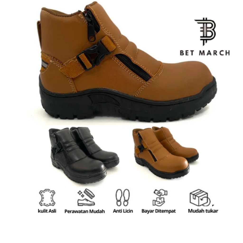 Sepatu Safety boots Ujung Besi 100% Kulit Asli Berkualitas Outsole Karet Shoes Pria Kerja - Bet Marc