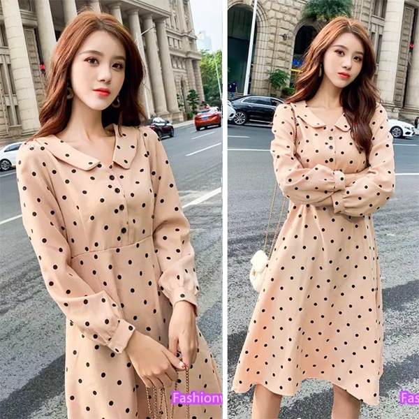 Midi dress gaun polkadot casual wanita import korea