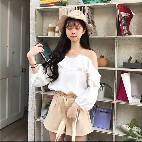 Top blouse kemeja sabrina off-shoulder wanita import korea