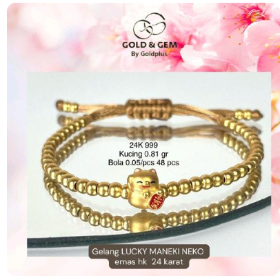 Gelang emas 24 k hongkong maneki neko